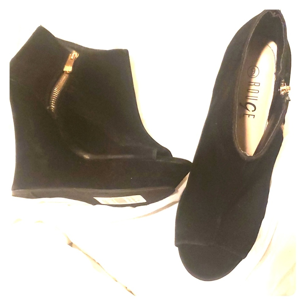 Black Suede Peep Top Wedge Booties